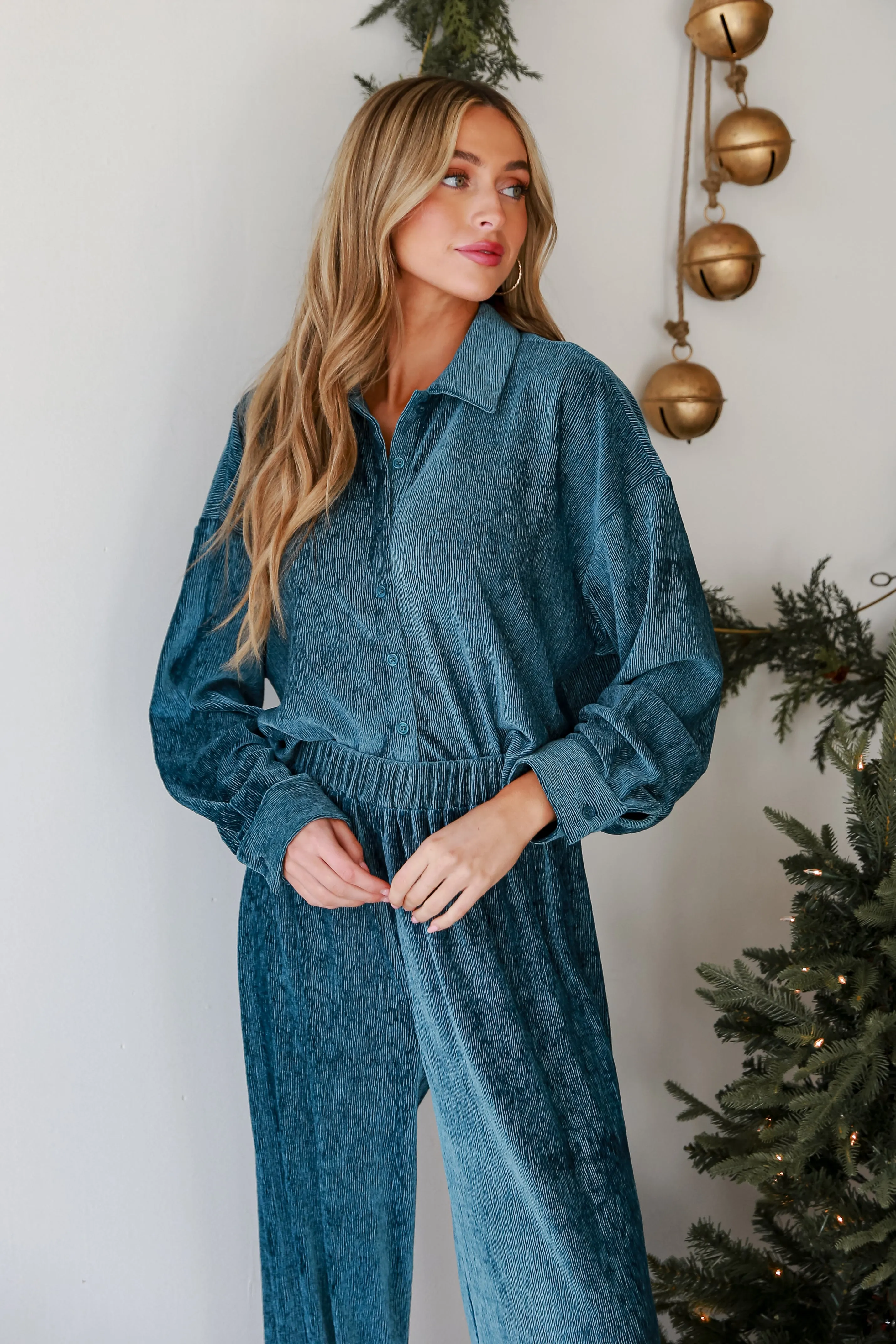 FINAL SALE - Luxurious Dream Teal Velvet Plisse Blouse