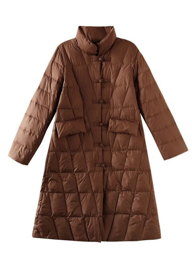 Fine Brown Stand Collar Pockets Duck Down Down Coat Winter