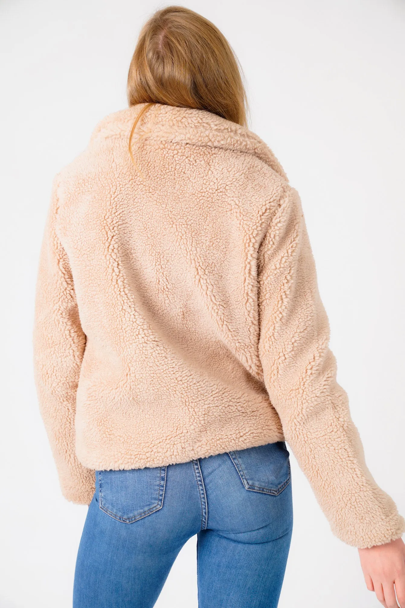 Flamingo Biker Style Borg Teddy Jacket In Oatmeal - Weekend Vibes