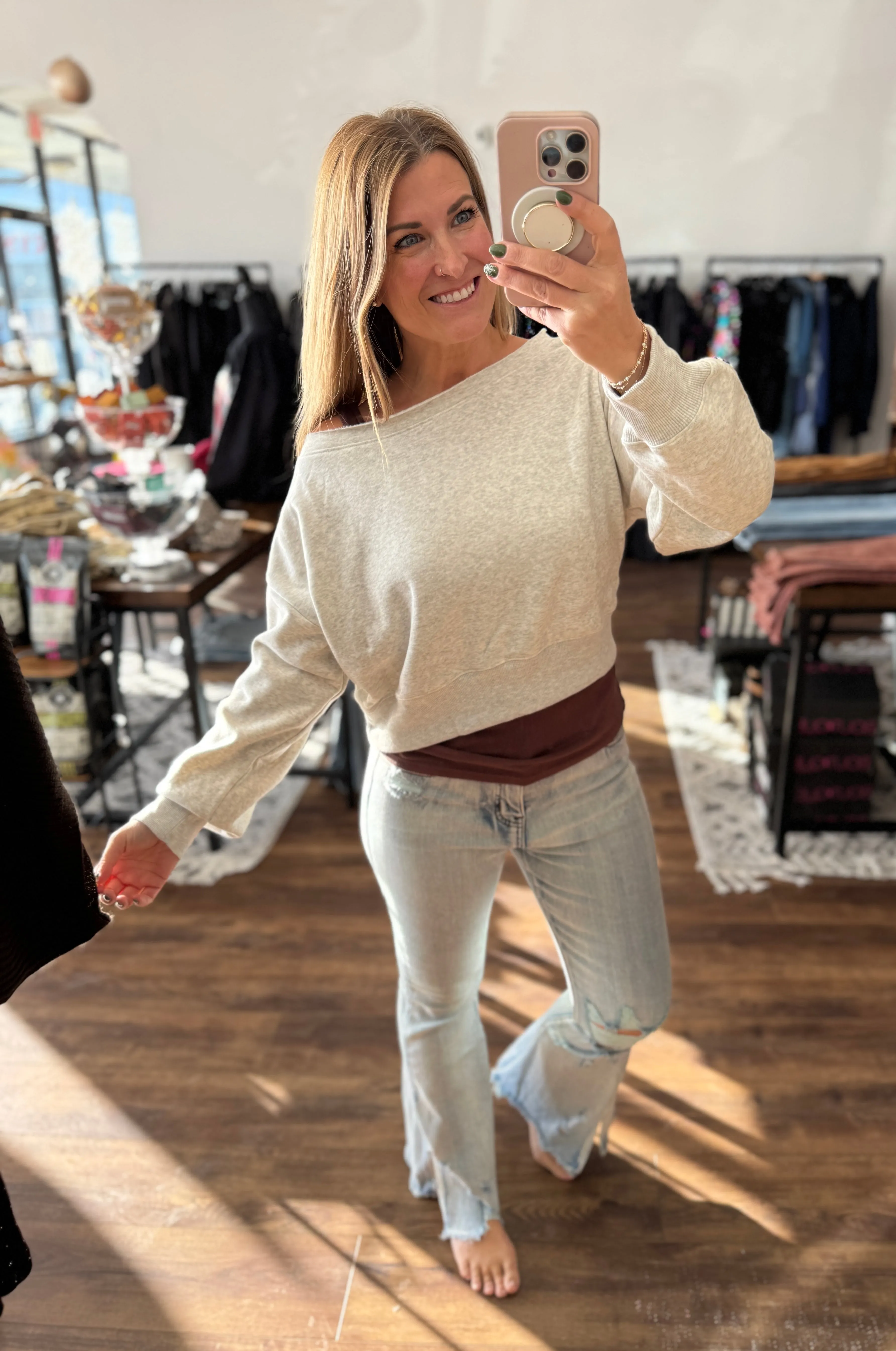 Fleece Off Shoulder Pullover - Heather Grey