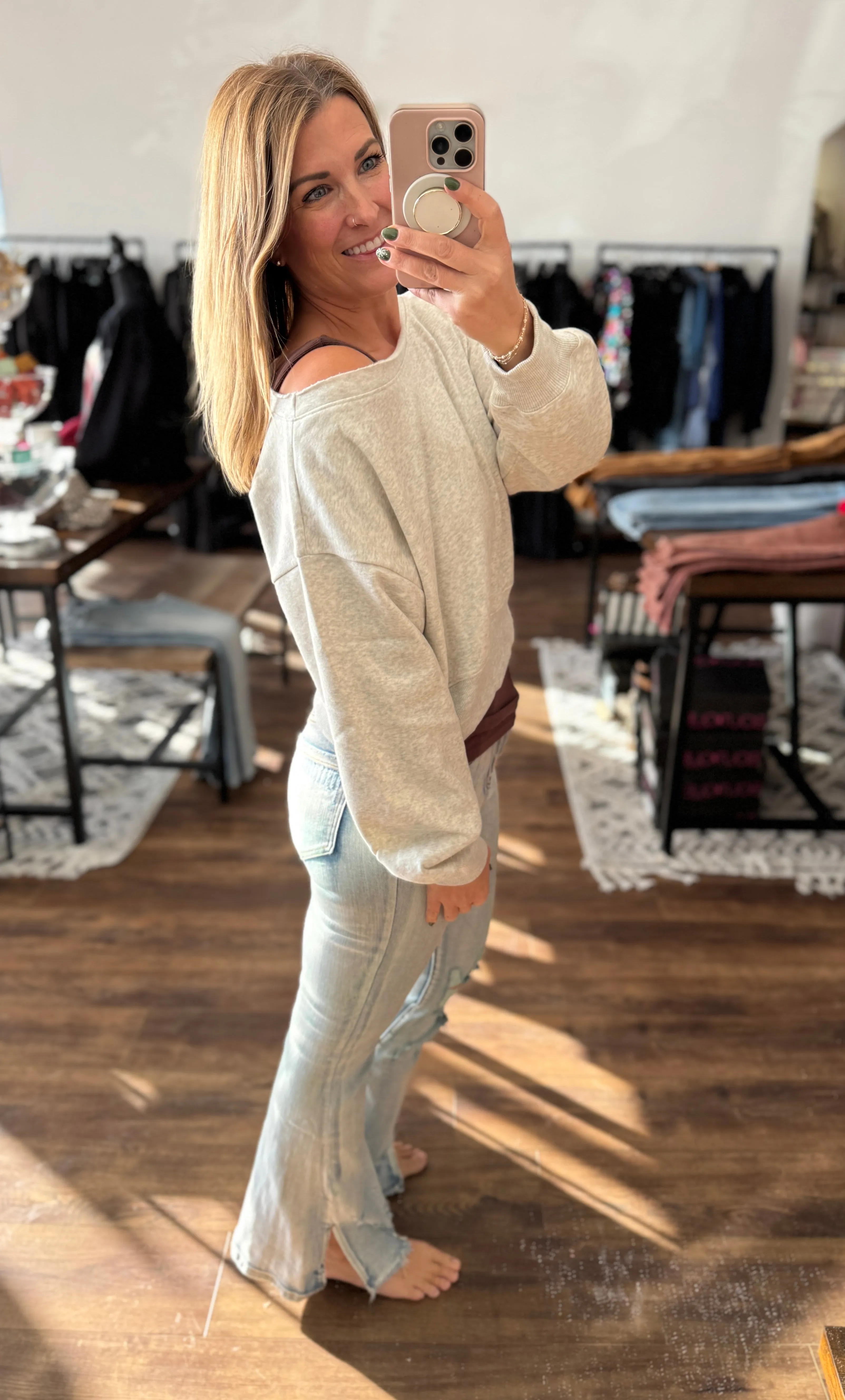 Fleece Off Shoulder Pullover - Heather Grey