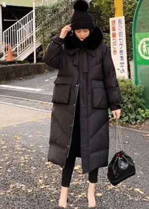 French Black Fur collar Zip Up Pockets Duck Down Puffer Coat Winter