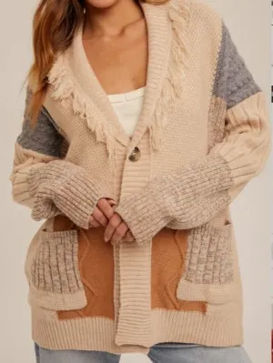 Fringe Collared Color Block Cardigan