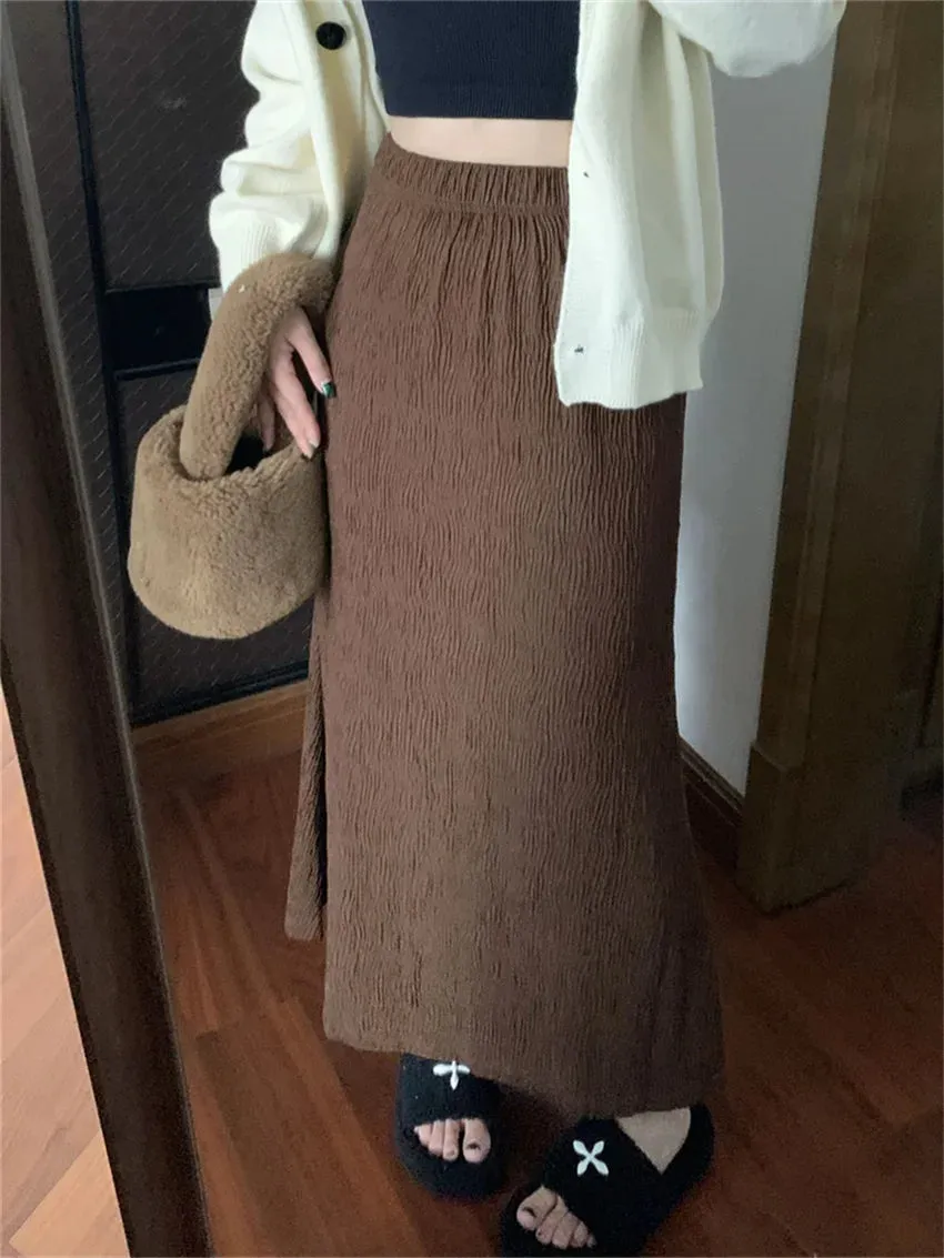 Girlary Women 2024 Autumn Knitted Maxi Skirts Gentle Slim Bodycon Soft Sweet New Mermaid Chic Loose Office Lady Daily Solid