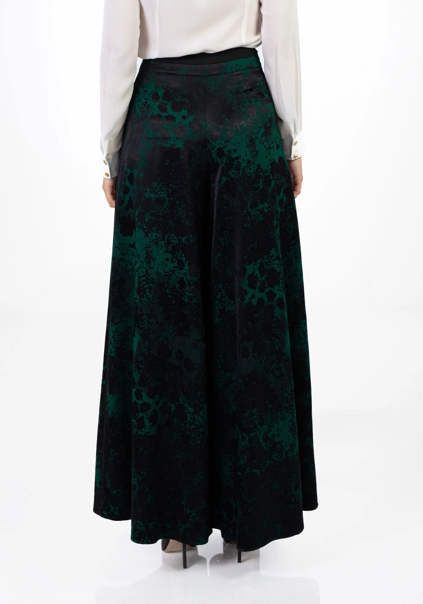 Green Patterned Satin Jacquard Wide Leg Pants