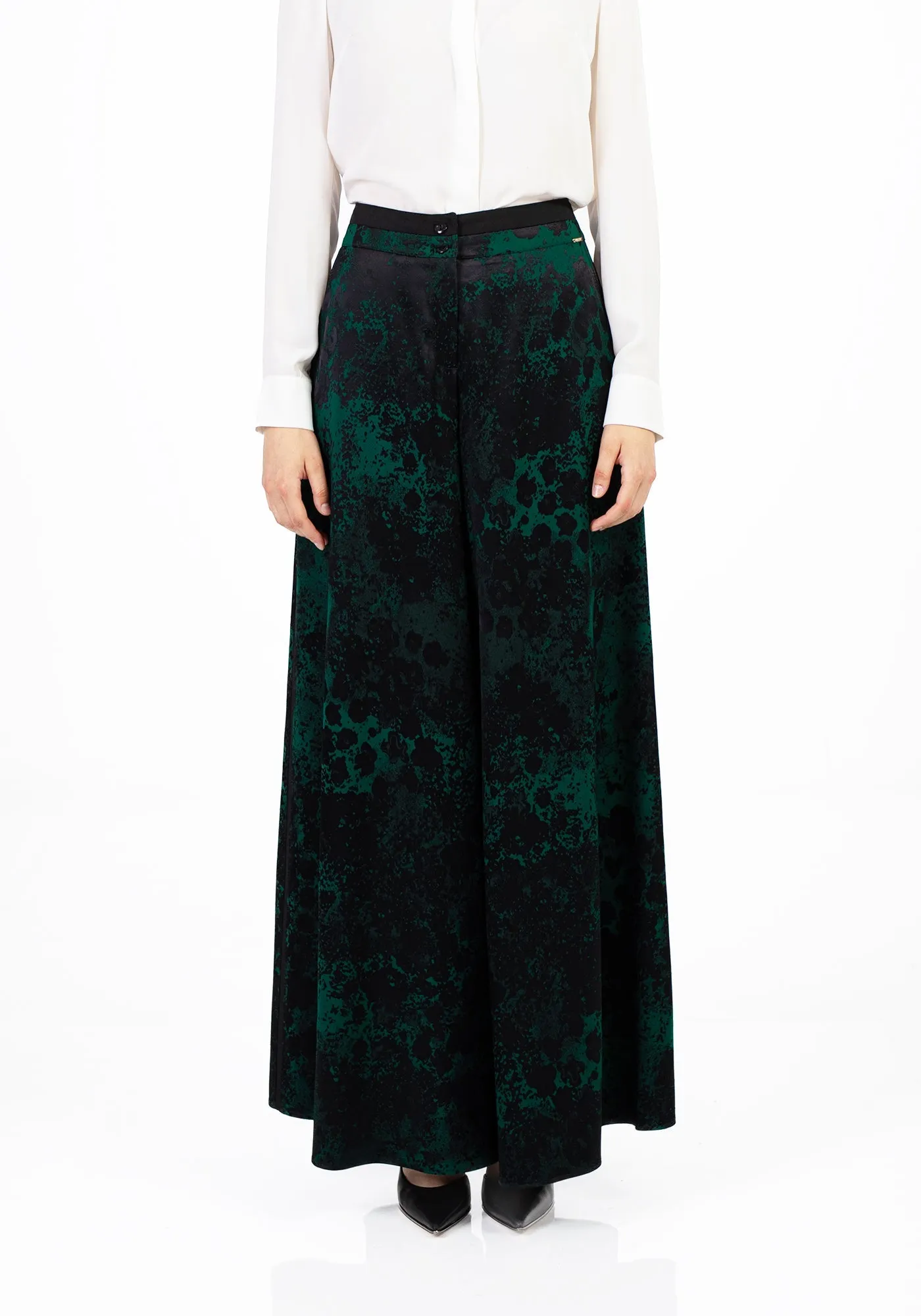 Green Patterned Satin Jacquard Wide Leg Pants