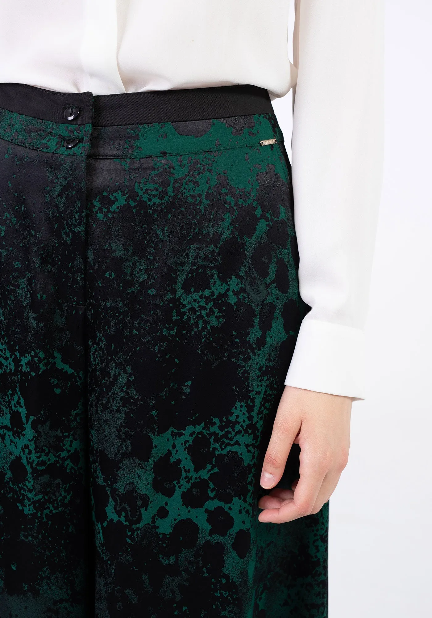 Green Patterned Satin Jacquard Wide Leg Pants