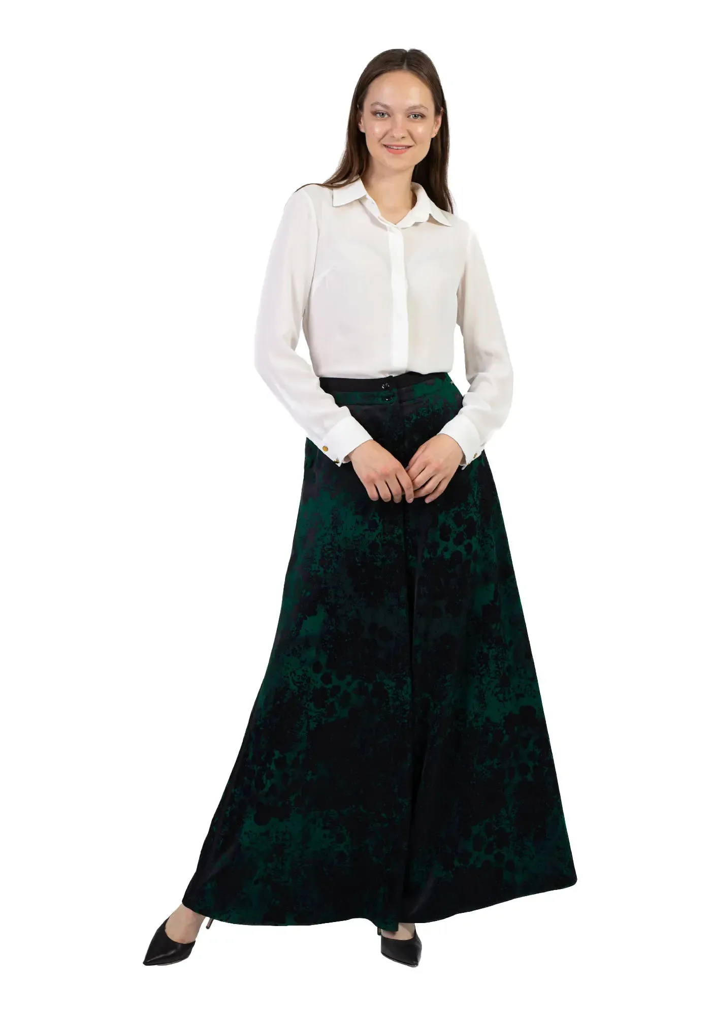 Green Patterned Satin Jacquard Wide Leg Pants