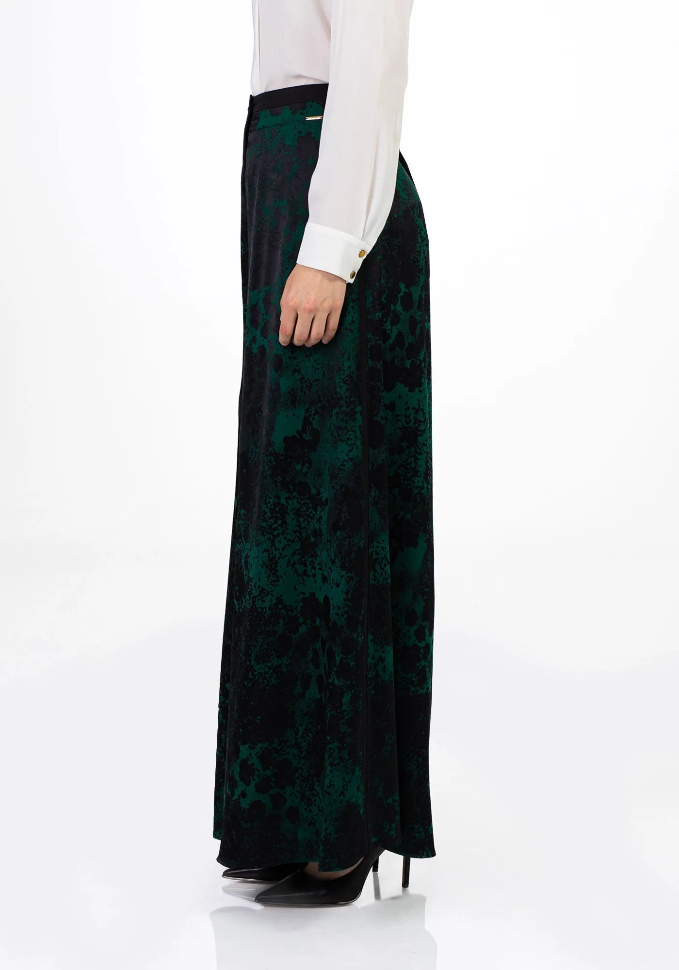 Green Patterned Satin Jacquard Wide Leg Pants