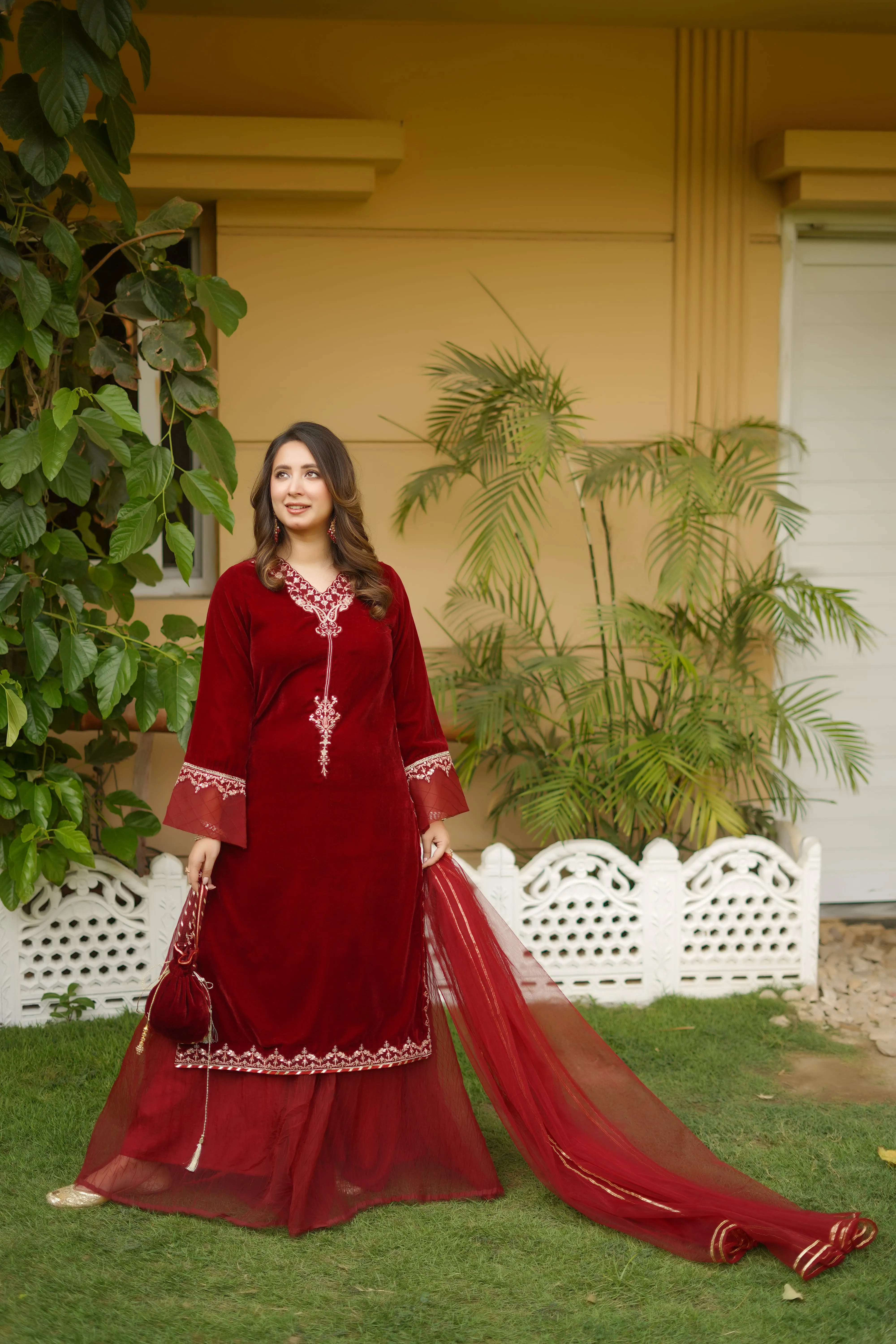 GULNAAR 3PC Red Velvet Dress Suit