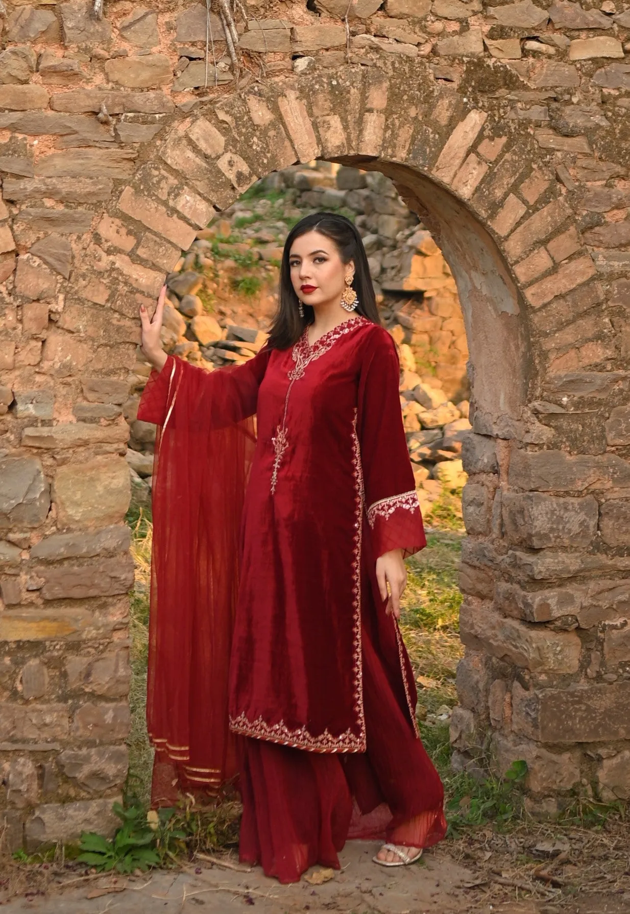 GULNAAR 3PC Red Velvet Dress Suit