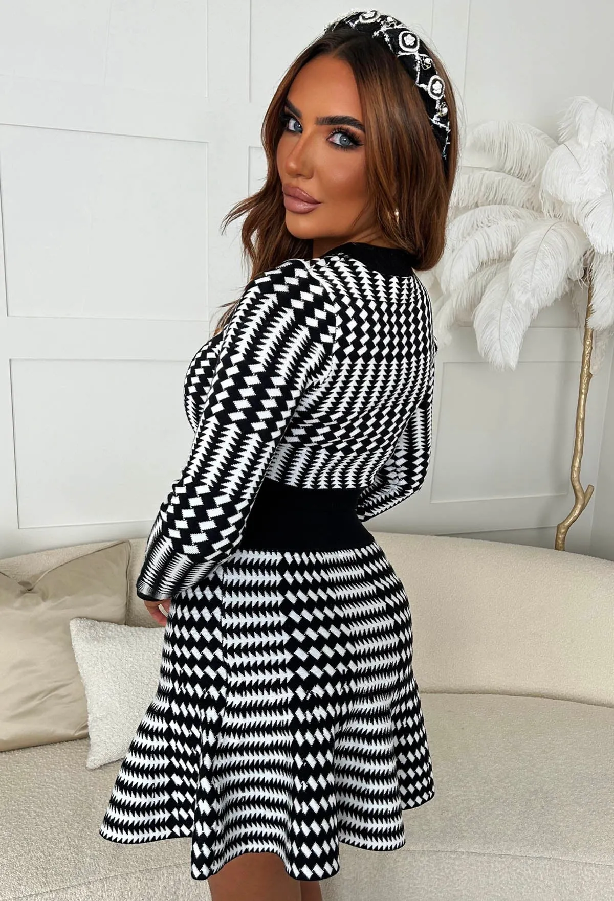 Here For Love Monochrome Check Knitted Skirt