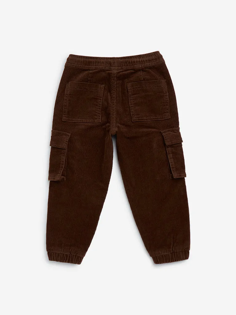 HOP Kids Brown Cargo-Style Corduroy Mid-Rise Cotton Blend Joggers