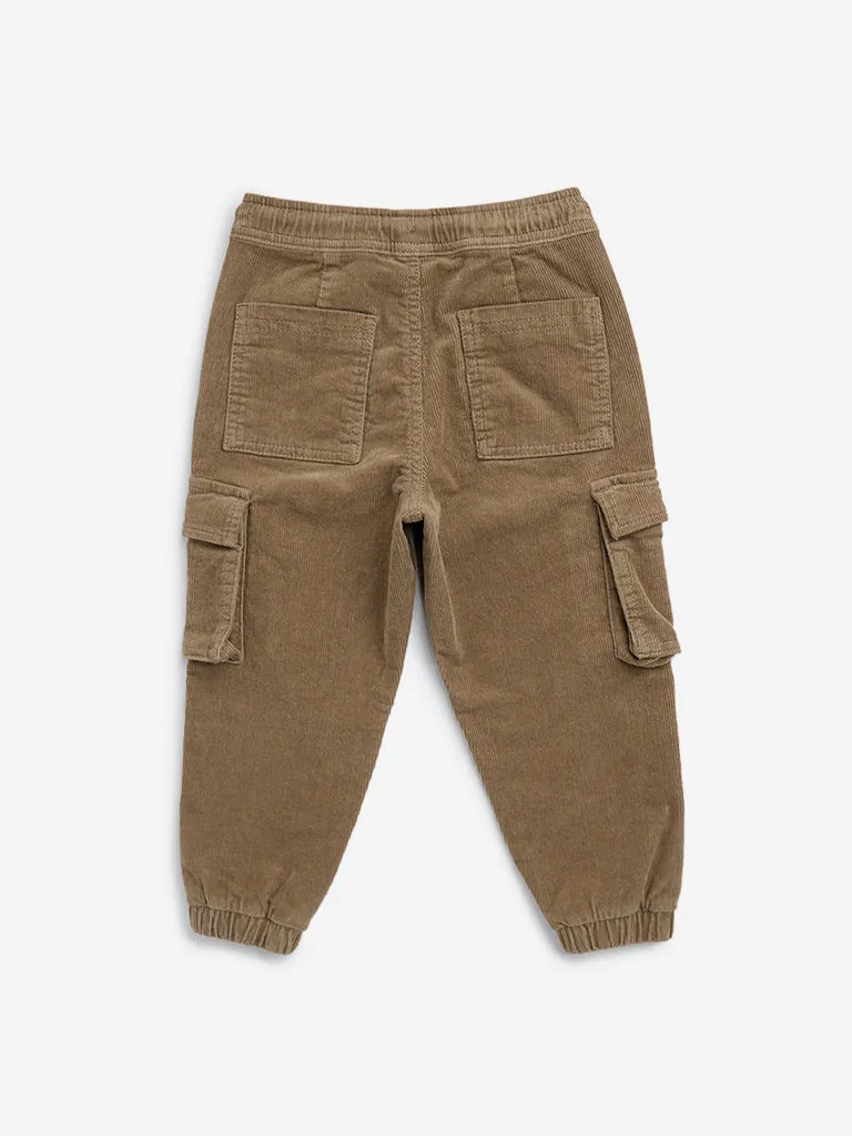 HOP Kids Light Brown Cargo-Style Corduroy Mid-Rise Cotton Blend Joggers