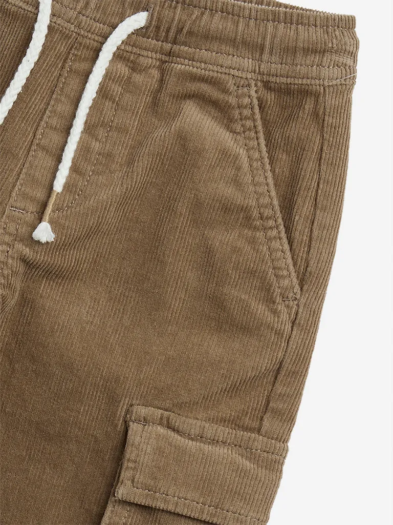 HOP Kids Light Brown Cargo-Style Corduroy Mid-Rise Cotton Blend Joggers