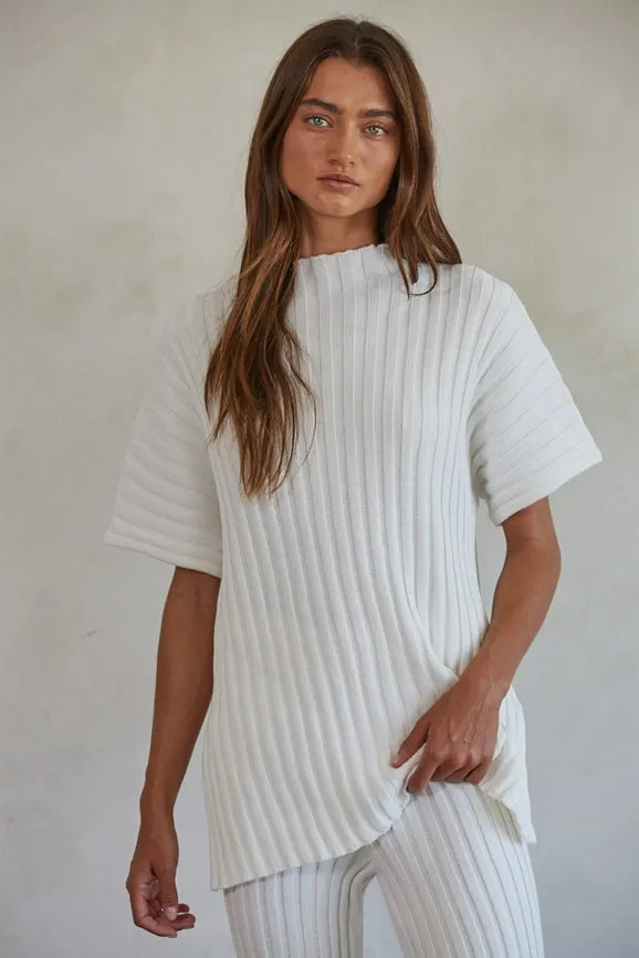 Knit Sweater Cotton Ribbed Pullover Ivory