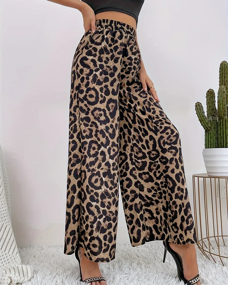 Leopard Print Casual Wide-Leg Trousers