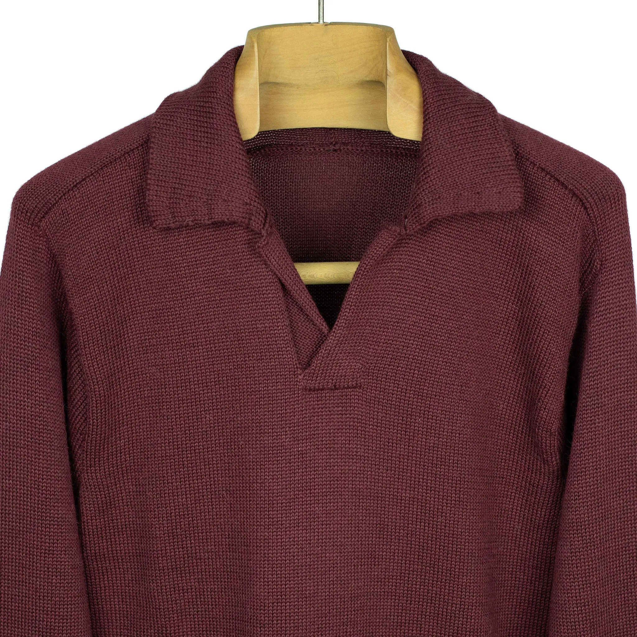 Long sleeve saddle shoulder polo in Bramble wine alpaca and silk