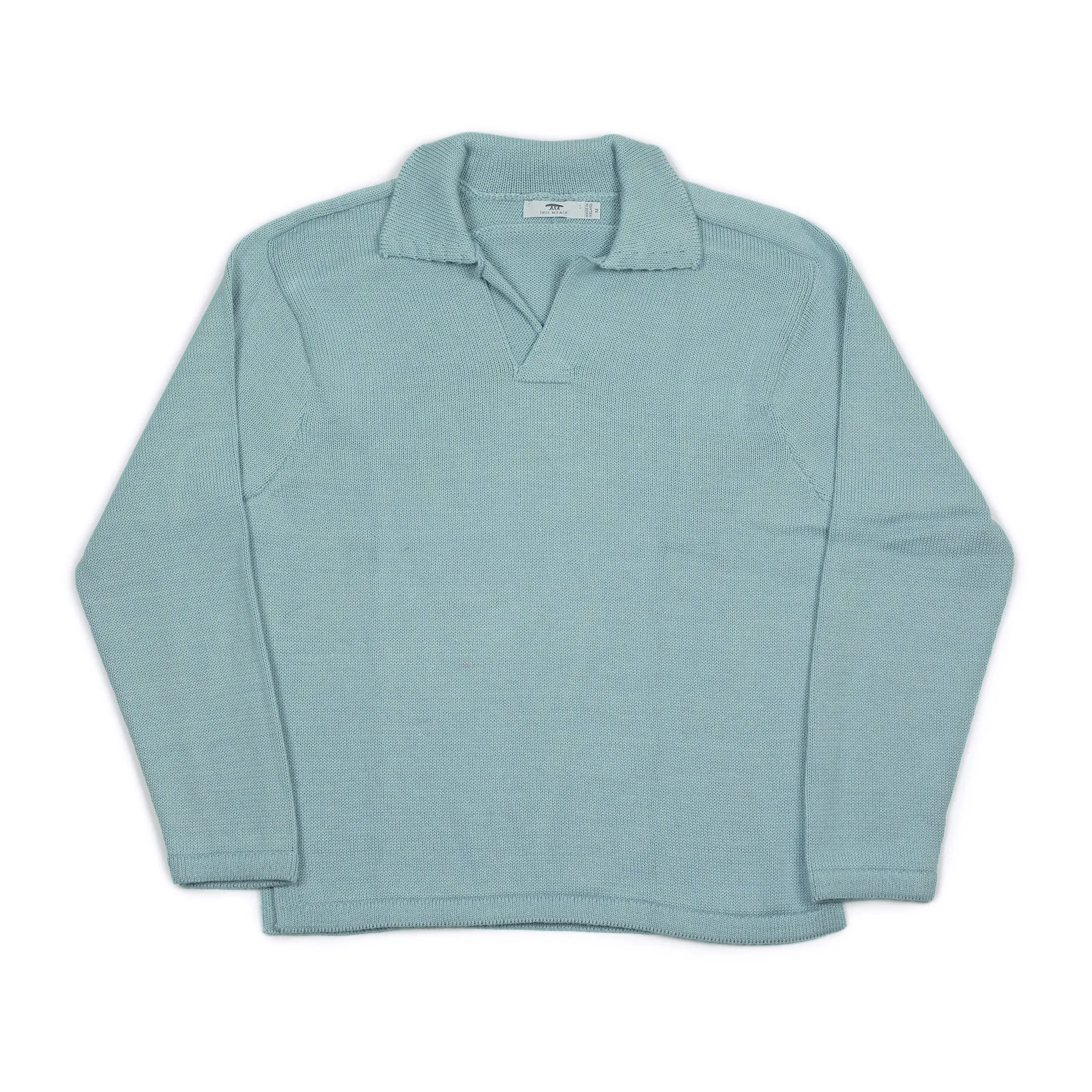 Long sleeve saddle shoulder polo in Delphi light blue alpaca and silk