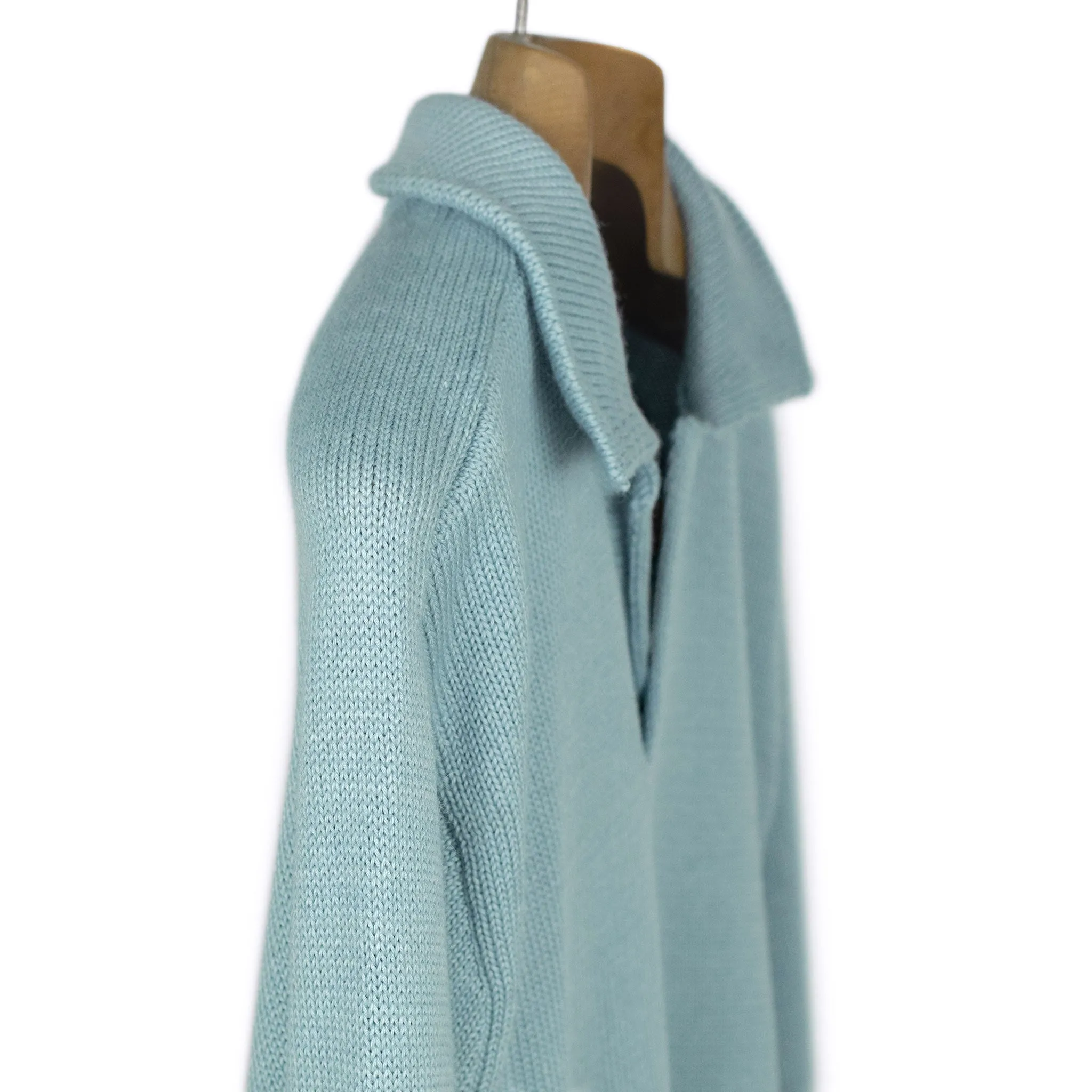 Long sleeve saddle shoulder polo in Delphi light blue alpaca and silk