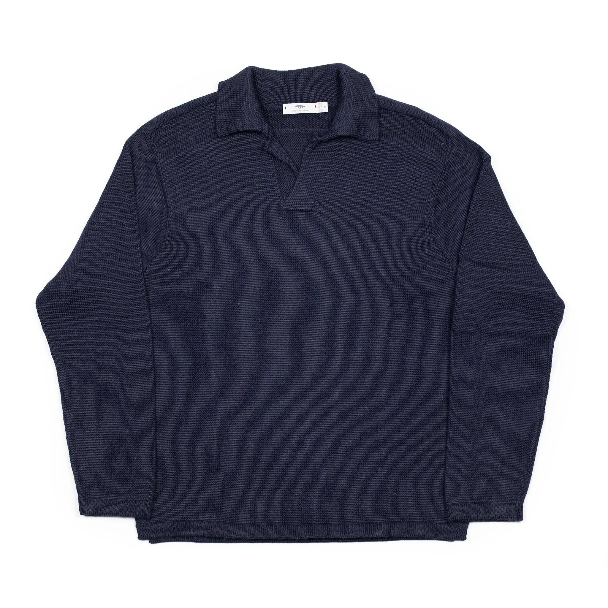 Long sleeve saddle shoulder polo in Navy blue alpaca and silk