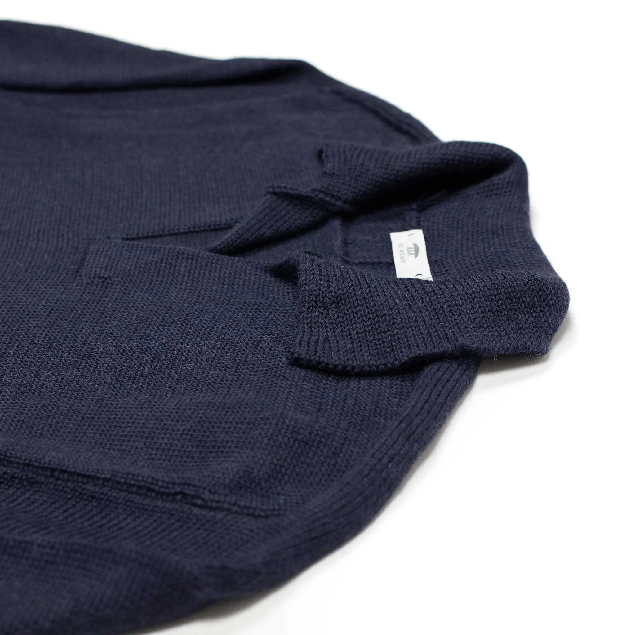 Long sleeve saddle shoulder polo in Navy blue alpaca and silk