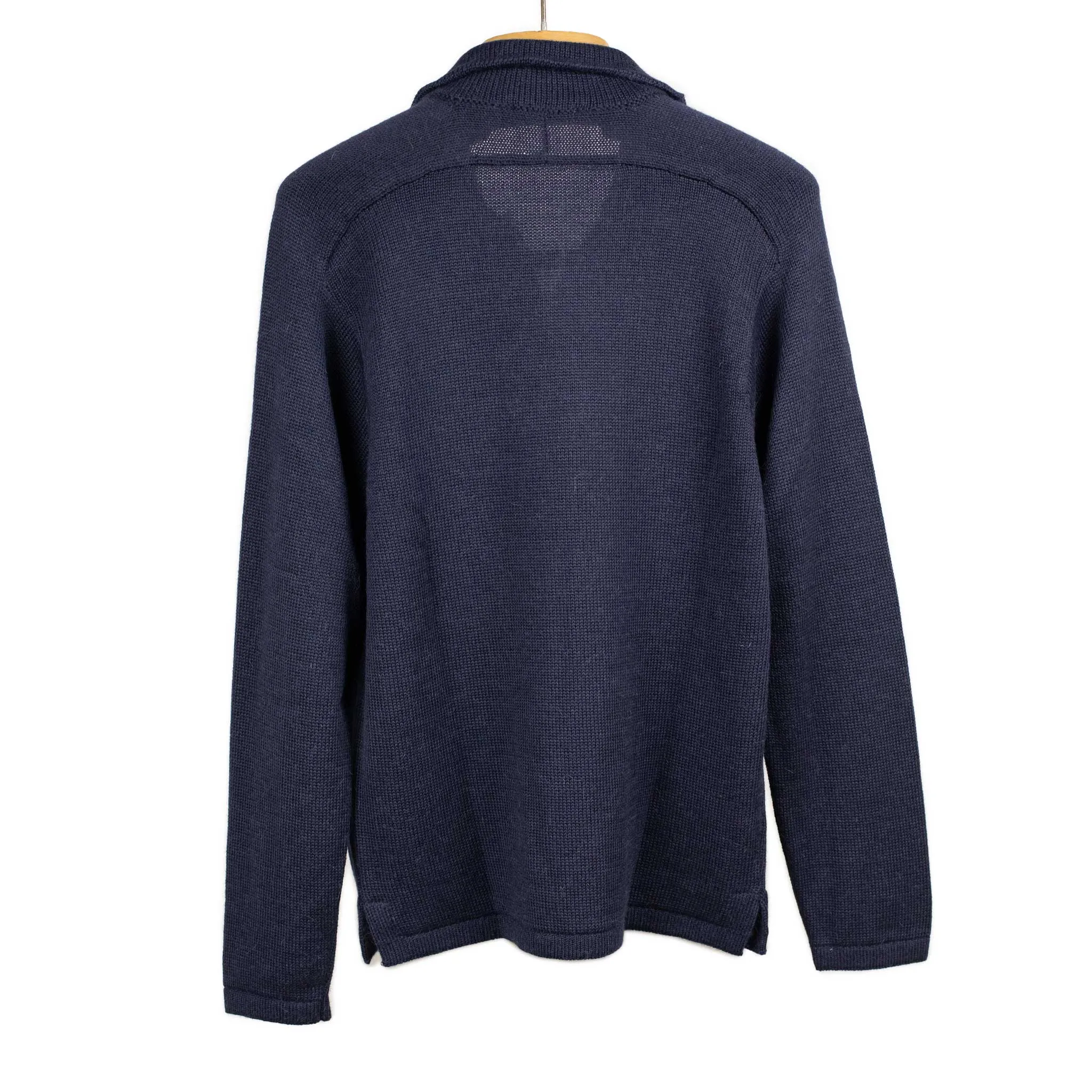 Long sleeve saddle shoulder polo in Navy blue alpaca and silk