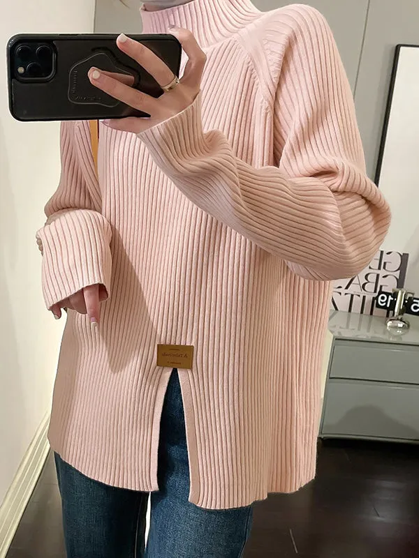 Long Sleeves Loose Split-Front Mock Neck Pullovers Sweater Tops