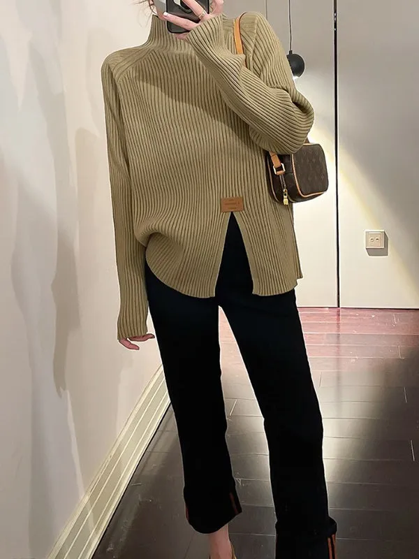 Long Sleeves Loose Split-Front Mock Neck Pullovers Sweater Tops