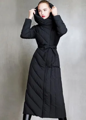 Loose fitting womens parka hooded winter outwear black  tie waist down coat winter