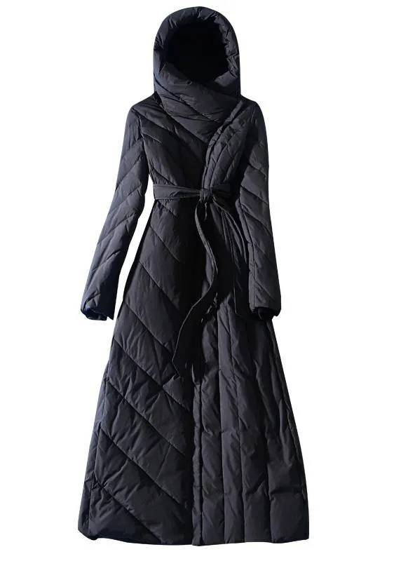 Loose fitting womens parka hooded winter outwear black  tie waist down coat winter