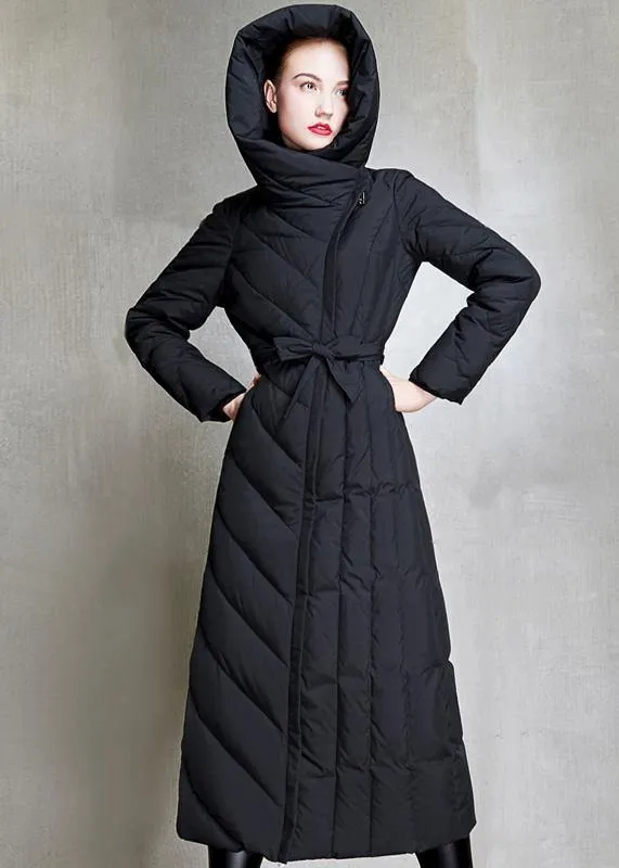 Loose fitting womens parka hooded winter outwear black  tie waist down coat winter