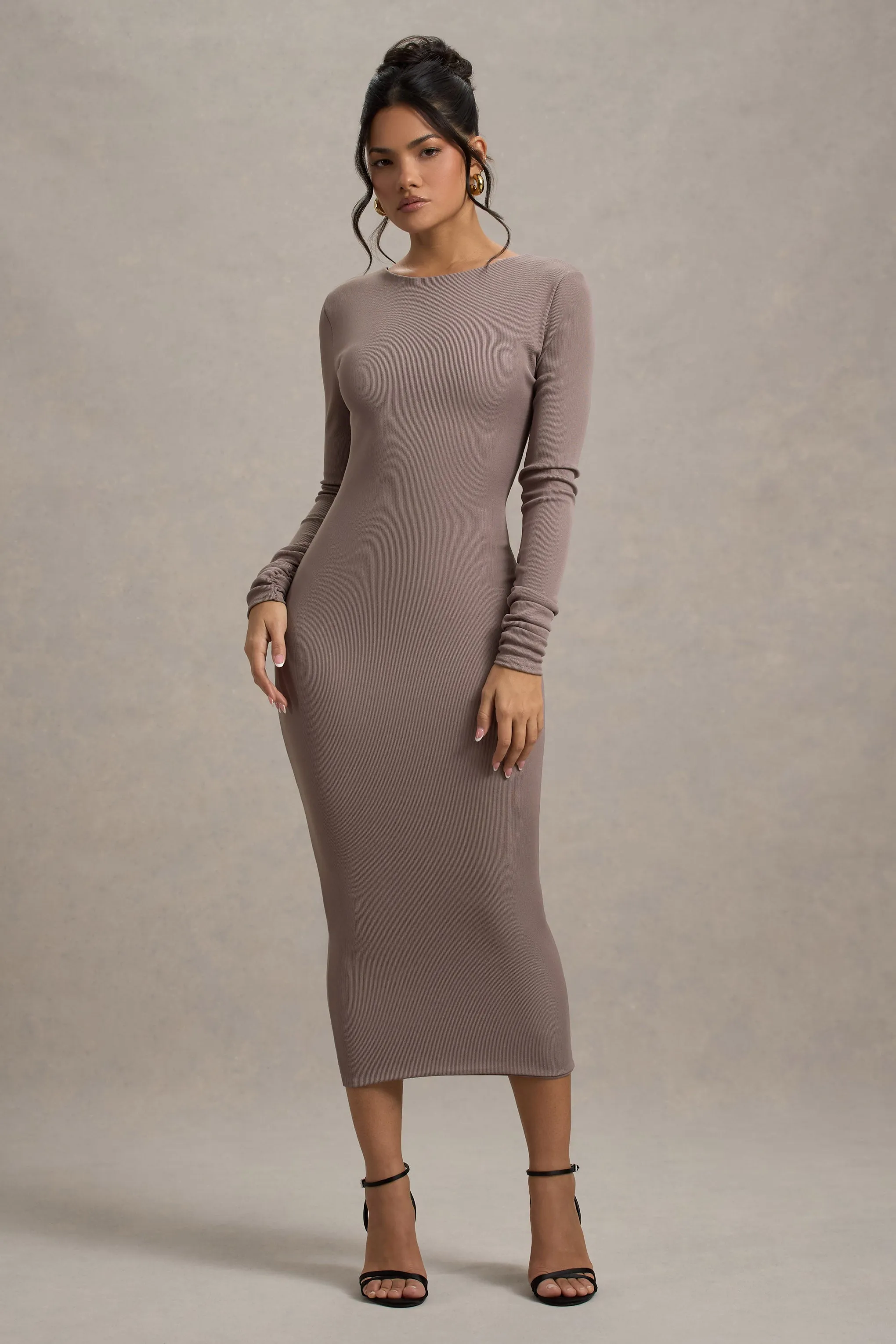 Madden | Taupe Rib Knit Cowl-Back Midi Dress