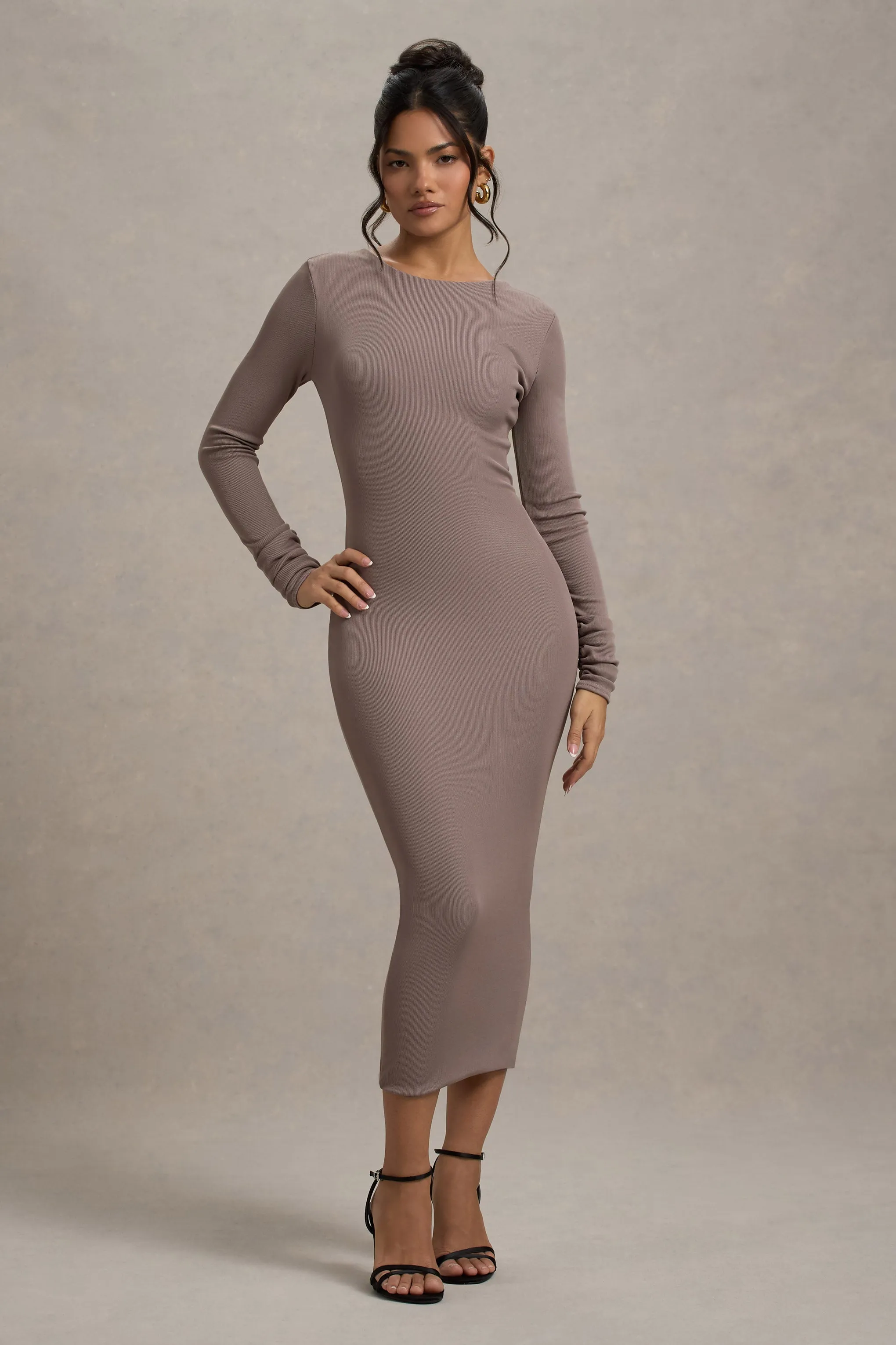 Madden | Taupe Rib Knit Cowl-Back Midi Dress