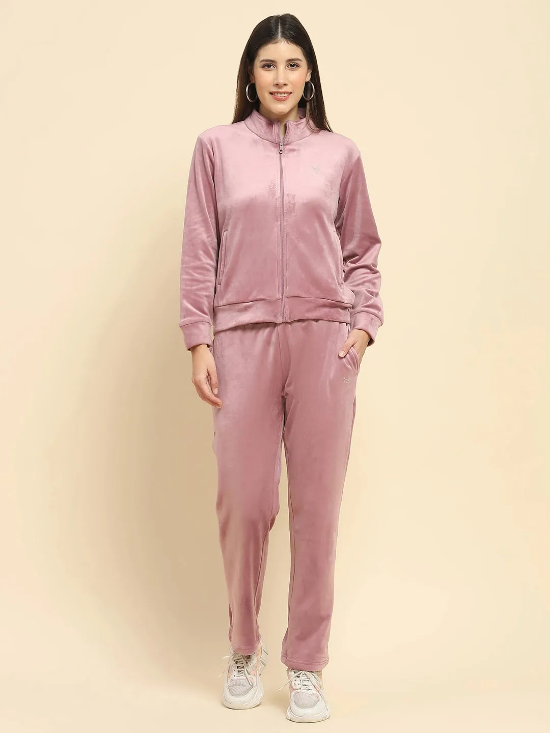 Mauve Velvet Solid Relaxed Fit Night Suit Set For Winter