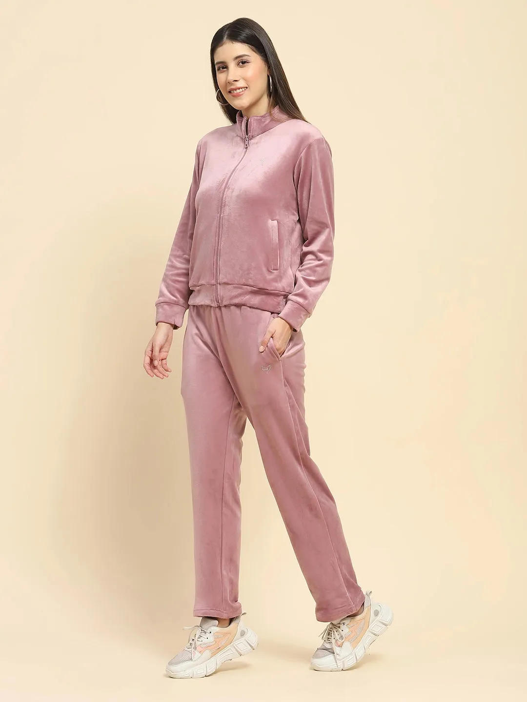 Mauve Velvet Solid Relaxed Fit Night Suit Set For Winter