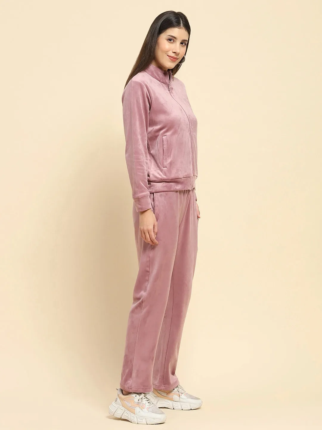 Mauve Velvet Solid Relaxed Fit Night Suit Set For Winter