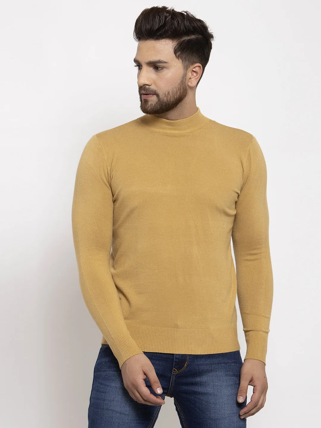 Men Mustard Solid Turtle Neck Pullover