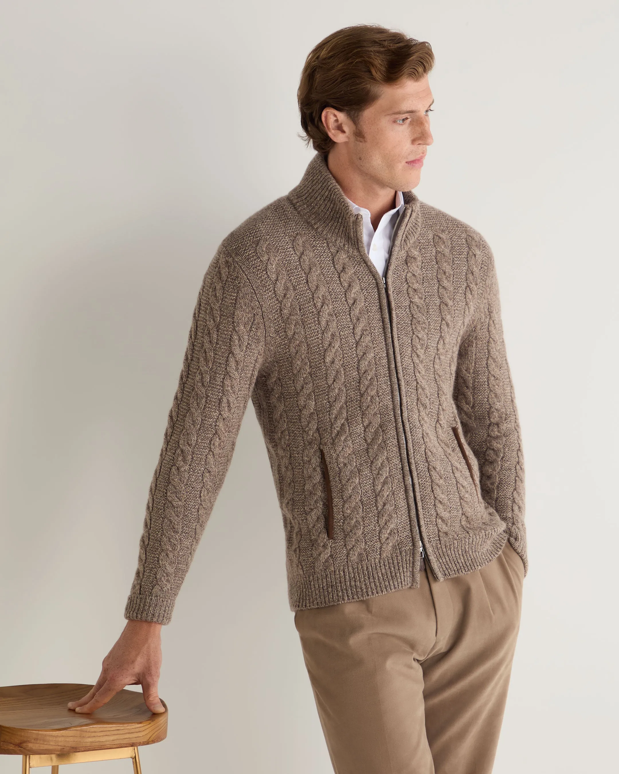 Men's Richmond Cable Cashmere Cardigan Heather Hazel Brown