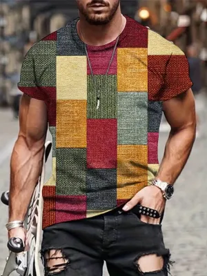 Men's Stylish Plaid Crew Neck Graphic T-Shirt - Soft Medium Stretch Polyester, Regular Fit, Short Sleeve, Pullover