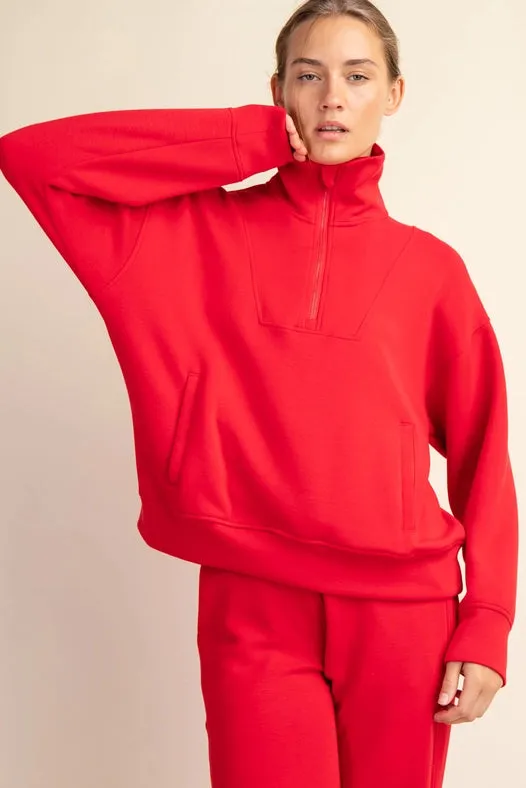 Modal Poly Span Quarter Zip Funnel Neck Pullover True Red