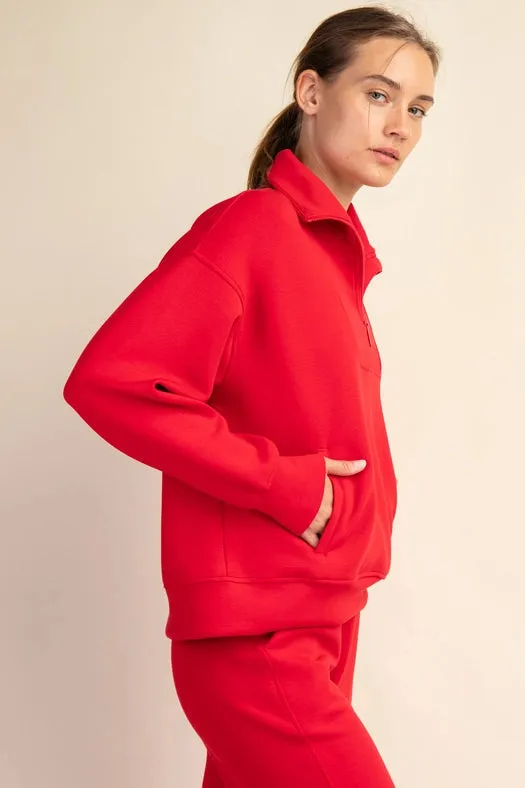 Modal Poly Span Quarter Zip Funnel Neck Pullover True Red