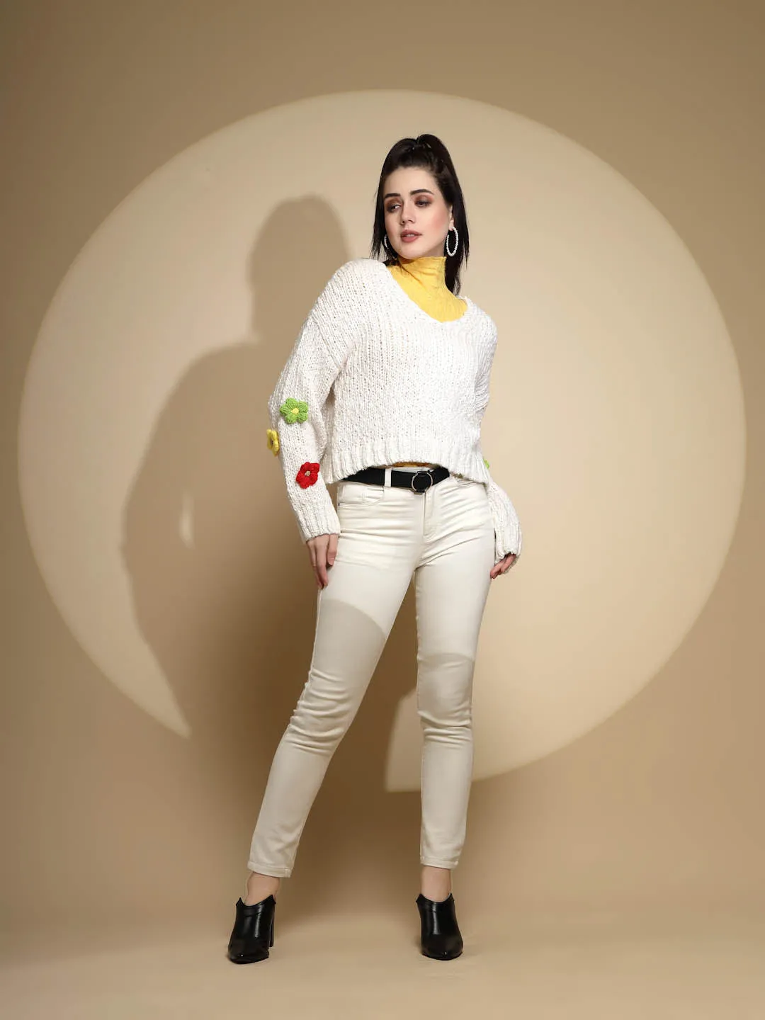 Off White Embellished Full Sleeve V-Neck Acrylic Pullover Sweater