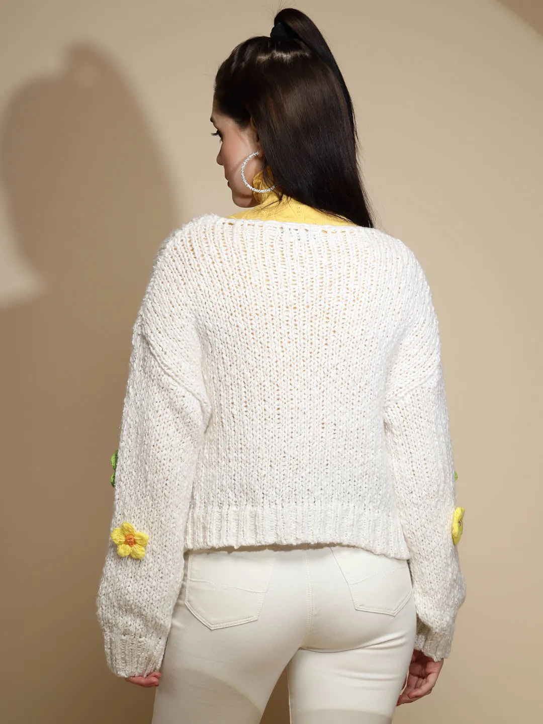 Off White Embellished Full Sleeve V-Neck Acrylic Pullover Sweater