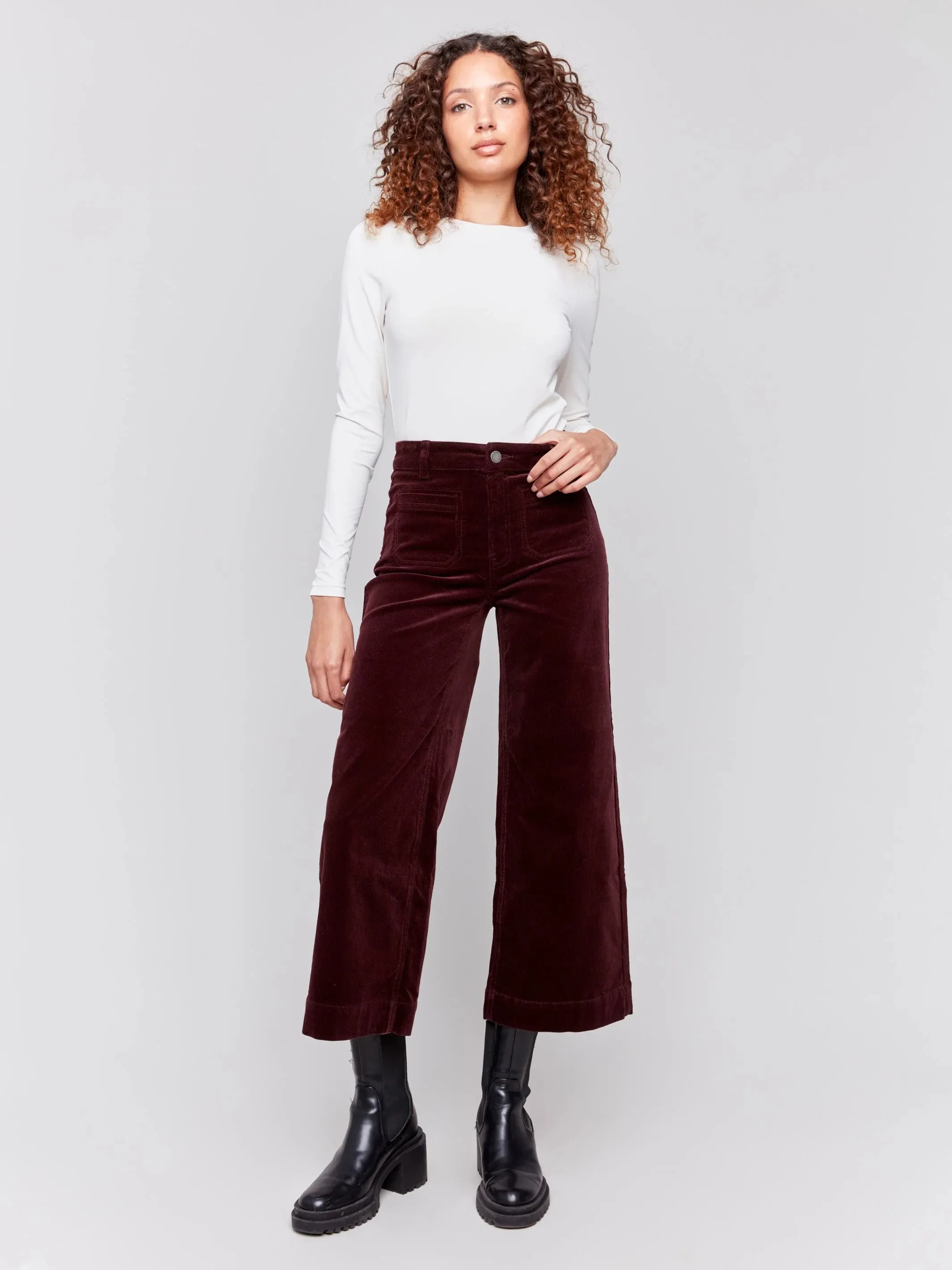 Patch Pocket Corduroy Flare Pants - Plum