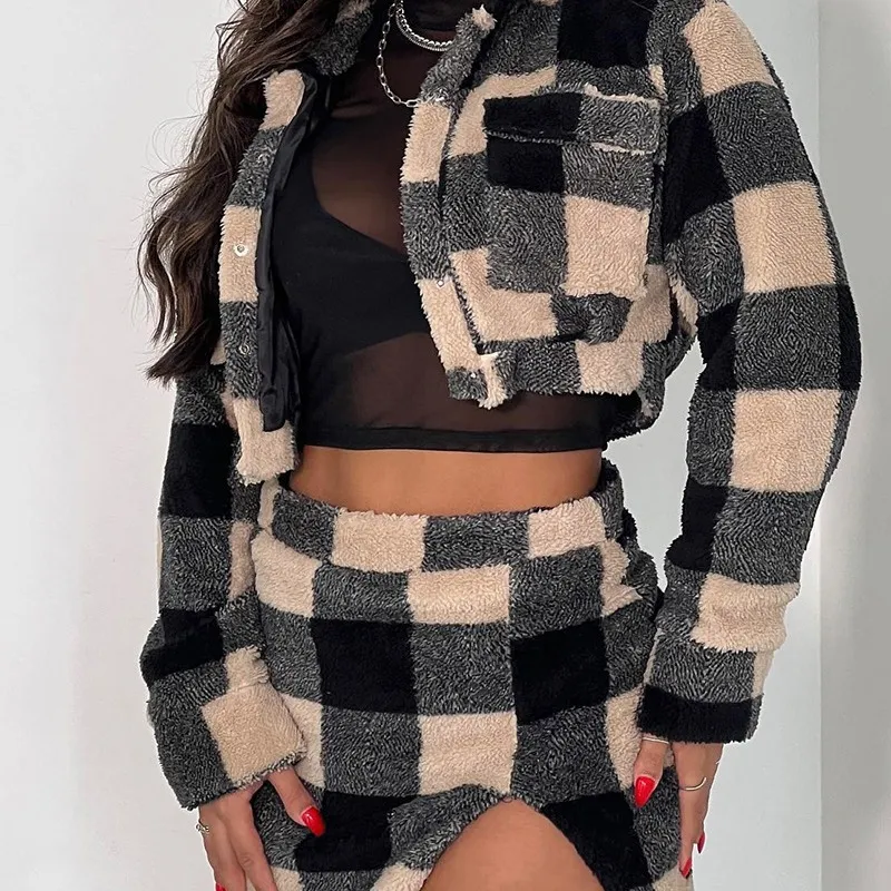 Plaid Crop Teddy Jacket and Slit Skirt Set