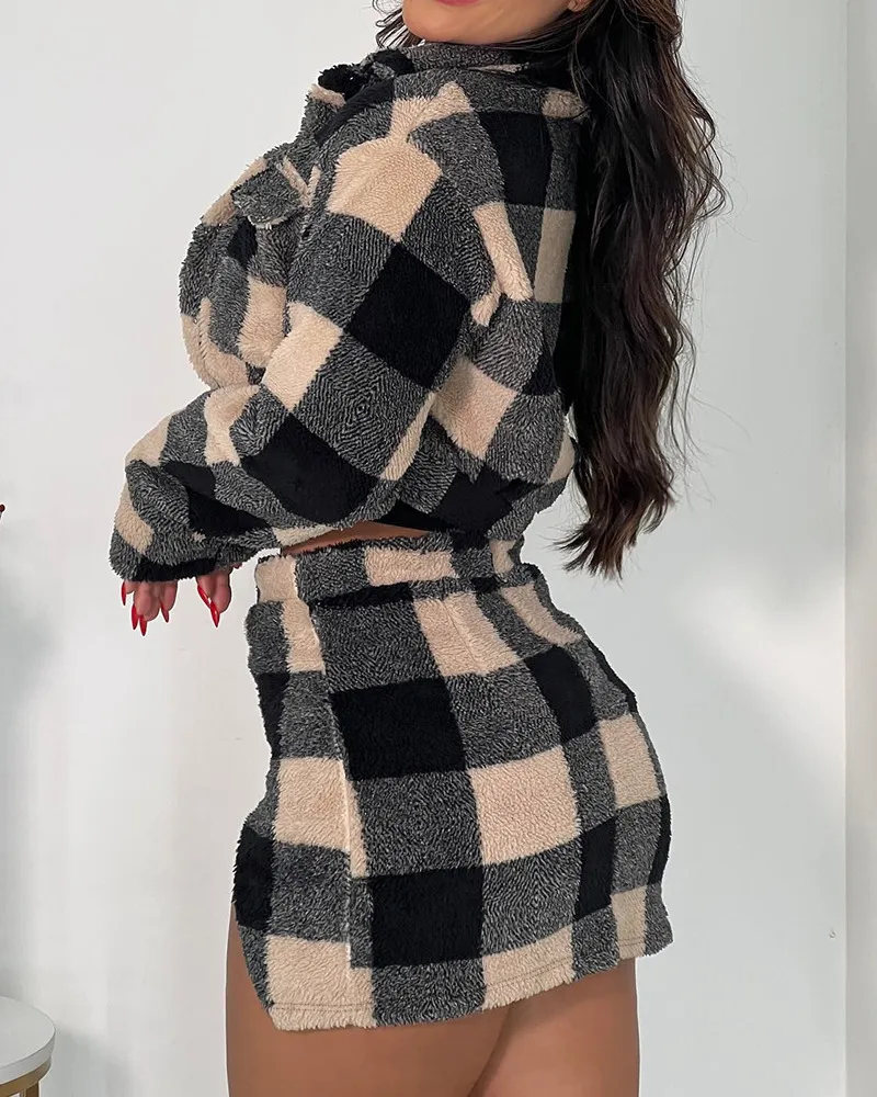 Plaid Crop Teddy Jacket and Slit Skirt Set