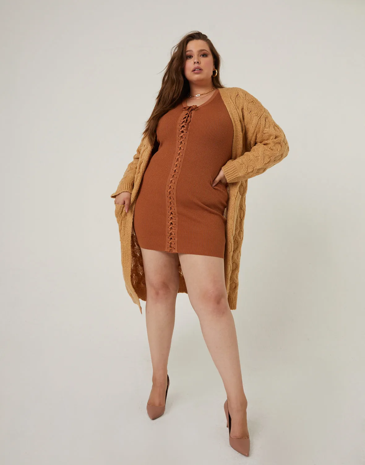 Plus Size Long Cable Knit Cardigan