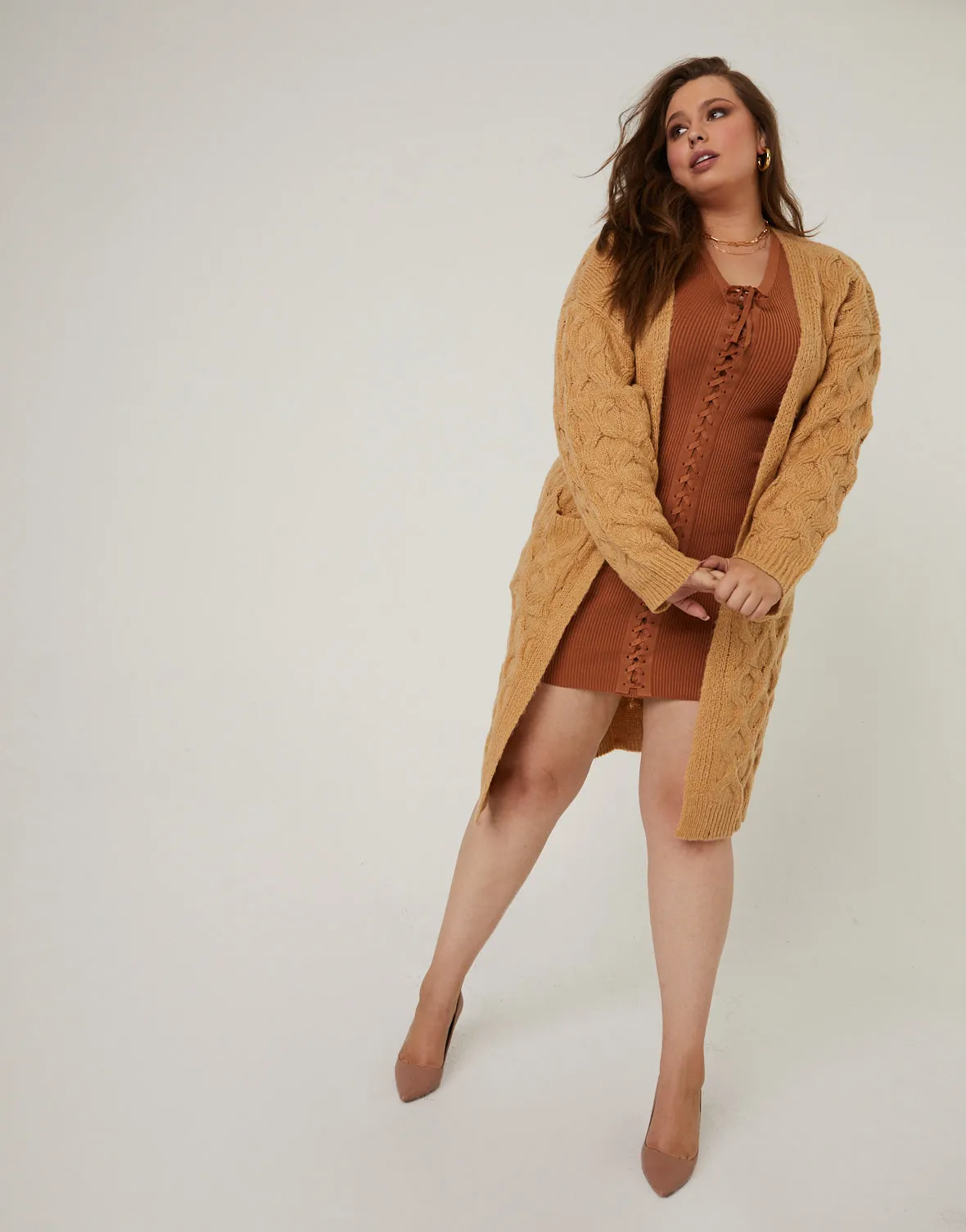 Plus Size Long Cable Knit Cardigan