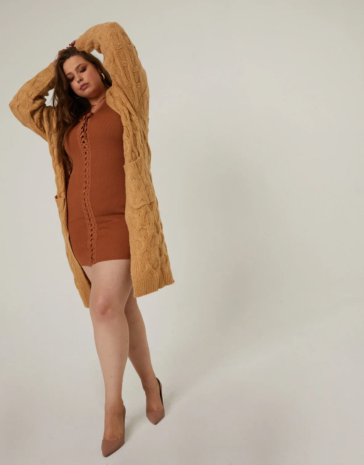 Plus Size Long Cable Knit Cardigan